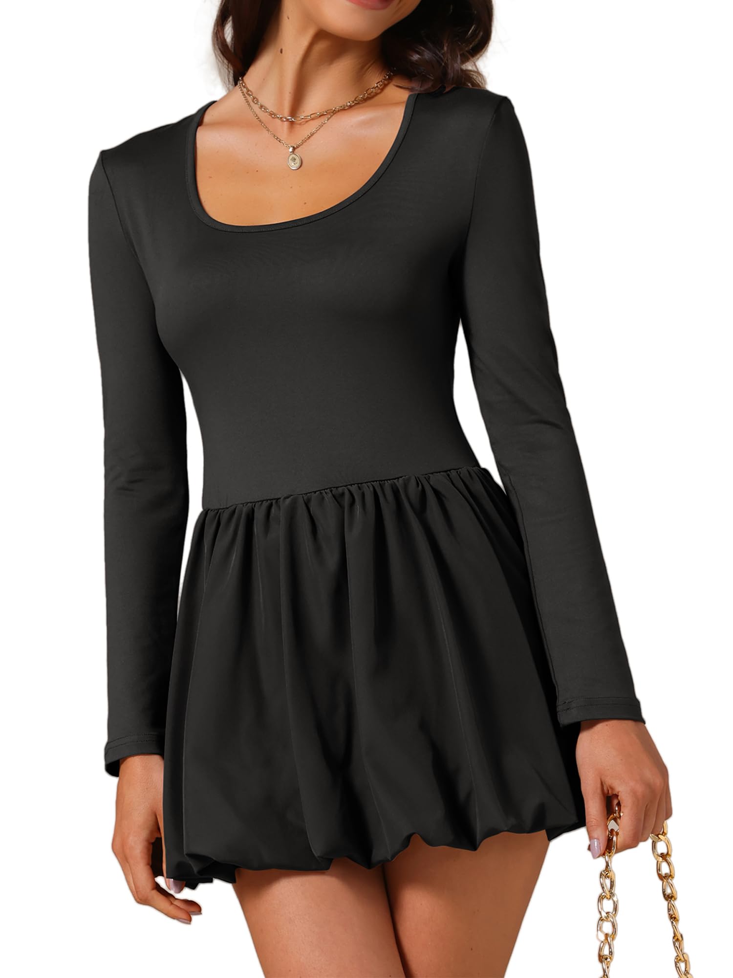 Allegra K Vestido corto de cóctel para mujer, cuello redondo, manga larga, para fiesta, club, corte entallado, con falda burbuja
