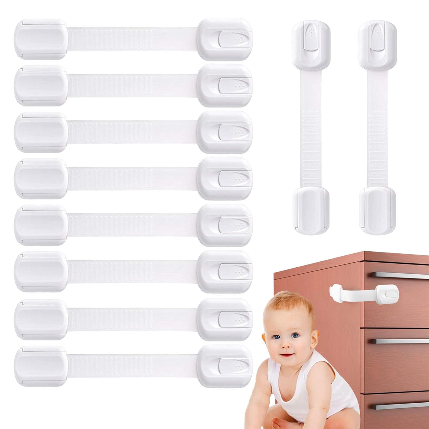 Goodern 10 PCS Child Safety Strap Locks,Adjustable Drawers Locks with Adhesive Pads Kids Cabinet Window Locks Strap,Easy Installation,Baby Proofing Strap Locks for Fridge Toilet Seat Door Oven