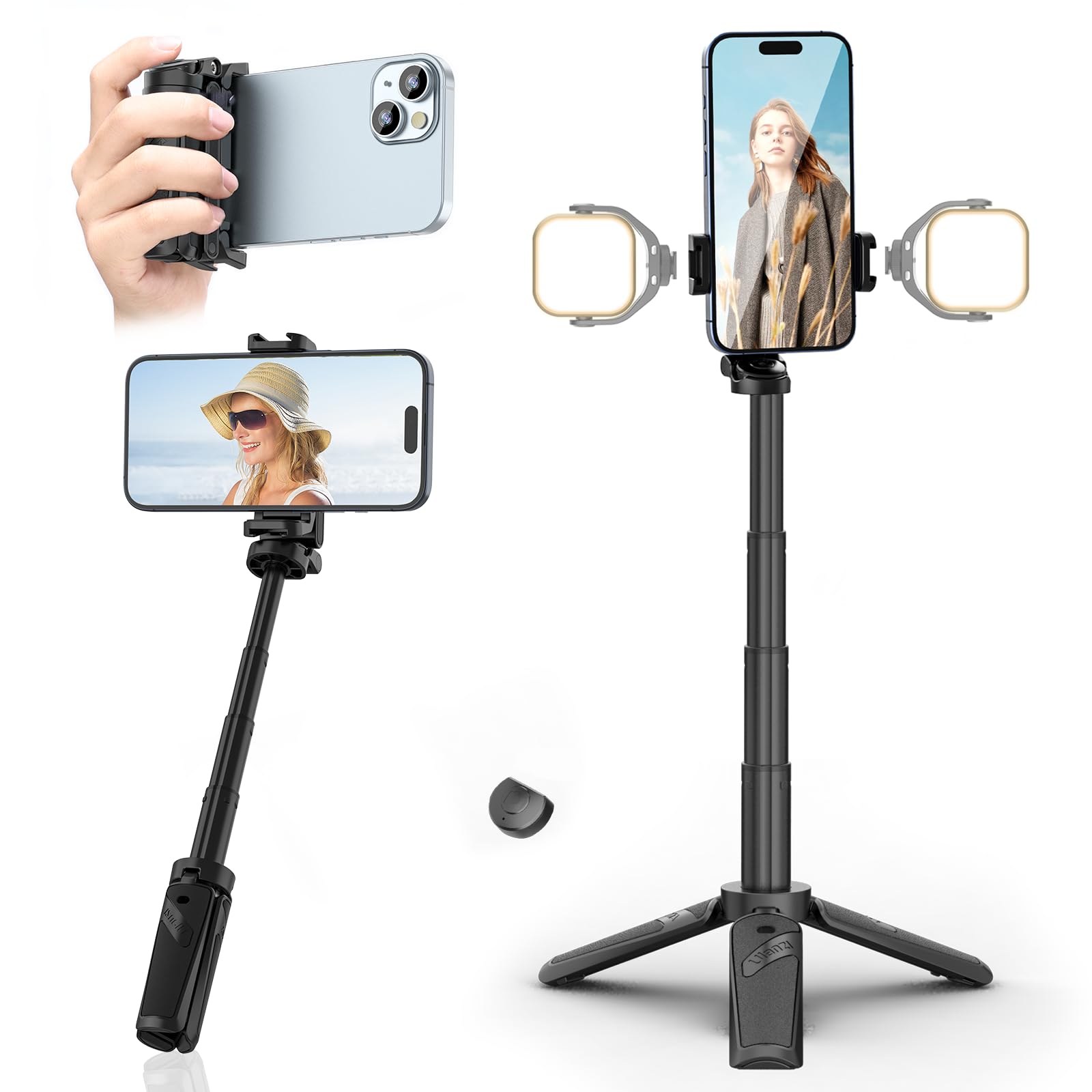 Phone Tripod Mini with Romote - ULANZI JJ02 3 in 1 Cell Phone Selfie Stick Tripod 4 Sections Extenable Foldable Pocket Size 2 Cold Shoe Mount 360° Rotation 10m Remote Control for iPhone Smartphone