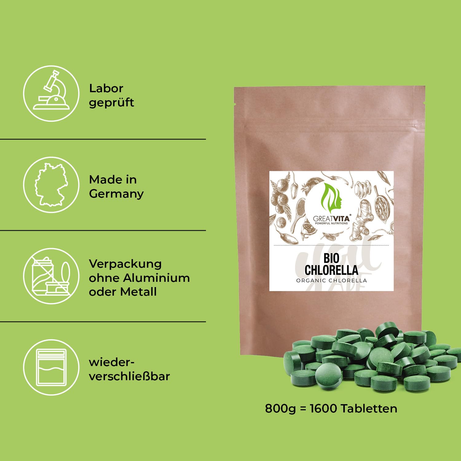 GreatVita Chlorella Bio Lot de 1 600 comprimés de chlorelle bio - 500 mg - 800 g - Sans additifs - Végétalien et durable - Riche en chlorophylle et caroténoïdes