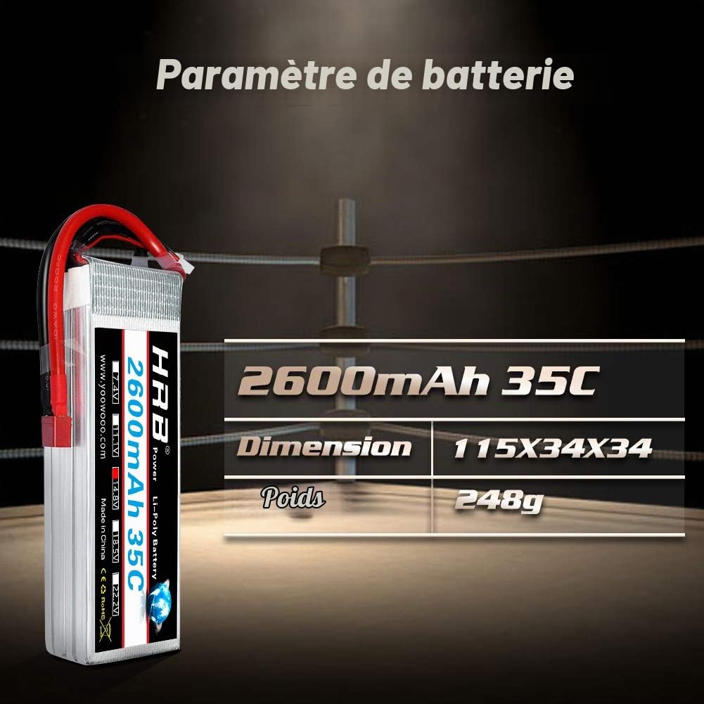 HRB 2PCS 4S 14.8V 2600mAh 35C Lipo Batterie avec Deans T Plug pour RC Hélicoptère Avion Voiture Bateau Camion