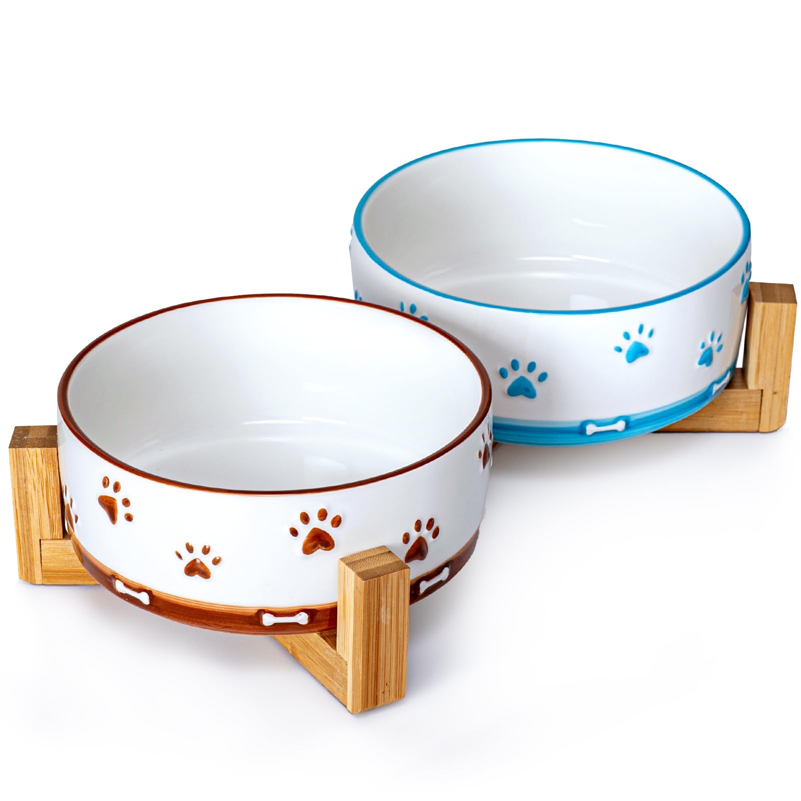 YUN TAO 2teiliges Keramik Hundenapf Set 3,5 Tassen 840 ml für mittelgroße Hunde Futternapf mit Holzständer becherförmige Napfschale mit Rutschfester Silikonmatte