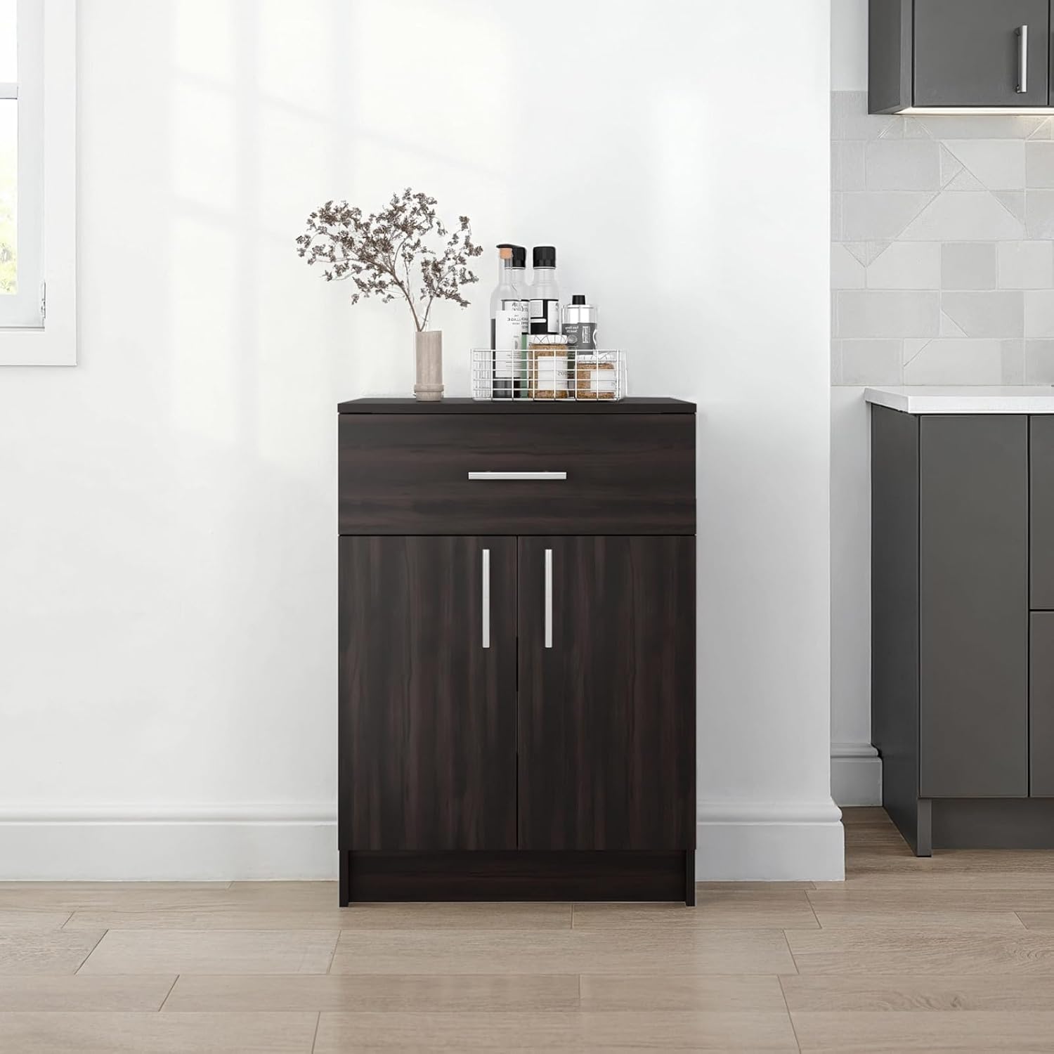 Pantry Cabinet 33" H with Top Drawer, Double Doors and Interior Shelves, Dark Walnut