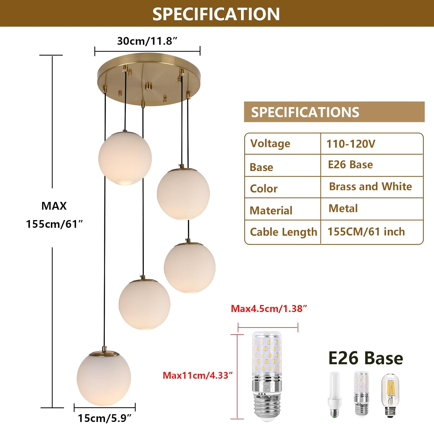 Modern Globe Cluster Chandeliers, 5-Light White Glass Pendant Light Multi Cluster Pendant Lighting Mid Century Chandelier for Living Room Staircase Foyer Entryway, Brass