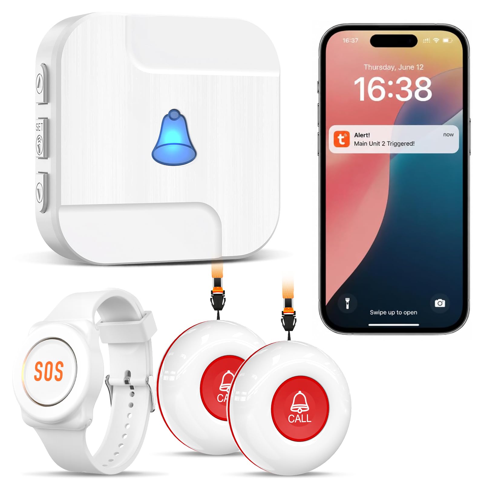 ChunHee WiFi Notrufknopf für Senioren Notfallarmband Emergency Alert System für Senioren Patienten Behinderte Ältere (unterstützt nur 2.4GHz Wi-Fi) (1*empfänger + 2 Taste + 1*Armband)