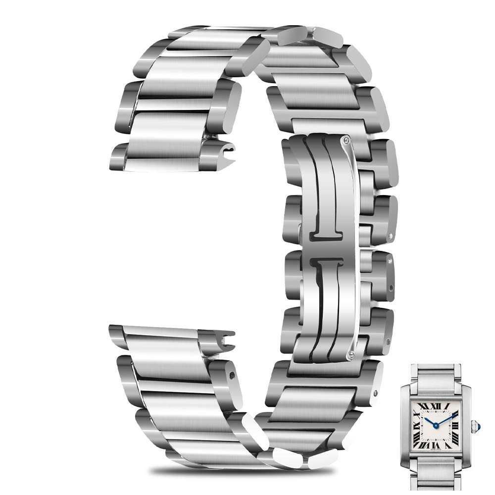 Stainless Steel Watch Band For Cartier-TANK series 15mm 20mm Butterfly Clasp Strap Loop Wrist Belt B