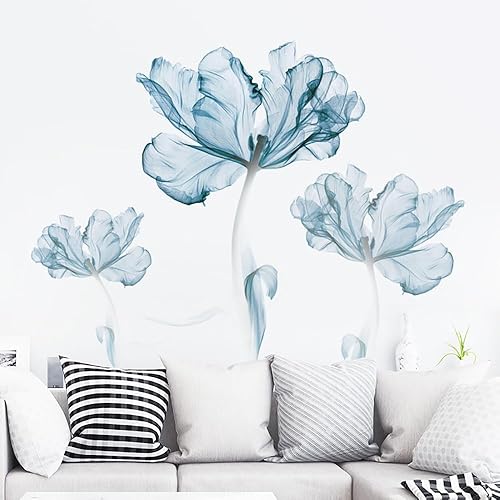 Miniatura 2 de Runtoo Calcomanías de pared de flores azules, diseño floral de amapola para niñas, dormitorio, sala de estar, baño, oficina, TV, decoración de fondo