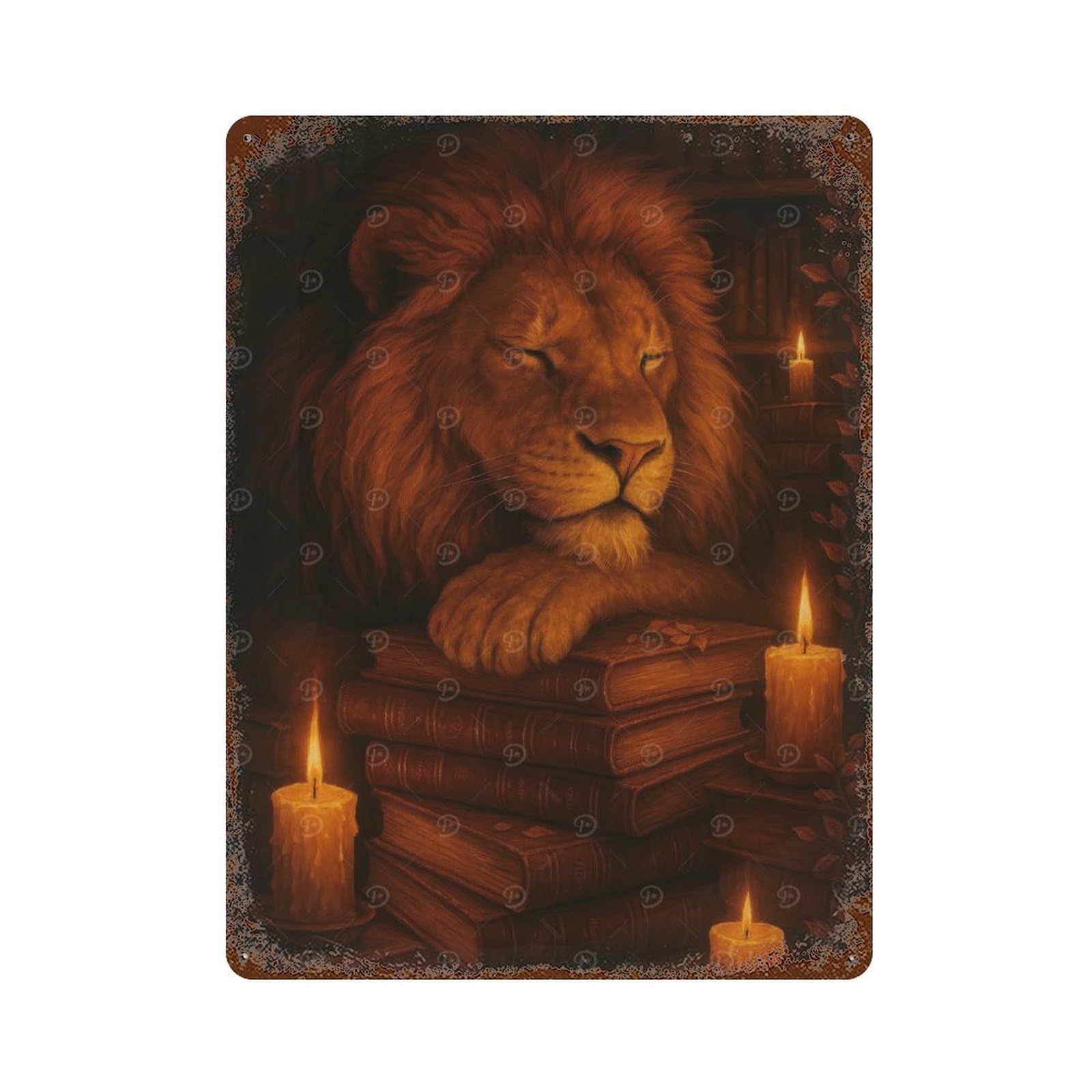 Lion Sleeping on Books with Candles Rusty Metal Tin Sign 15.7"x11.8", for Farmhouse, Kitchen And Entryway Decor, Rustic Home Decor