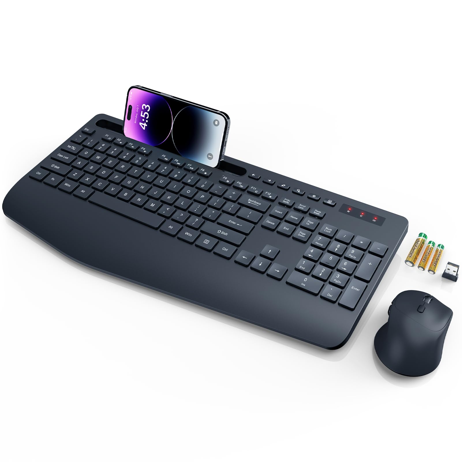 Tastatur Maus Set kabellos Beleuchtete, Wiederaufladbare Tastatur mit 4000 mAh Akku, Telefonhalter, Leise Tippen in Voller Größe, 3 DPI Maus, 2,4GHz USB-A/USB-C für Chrome OS/Window/PC (Tiefschwarz)