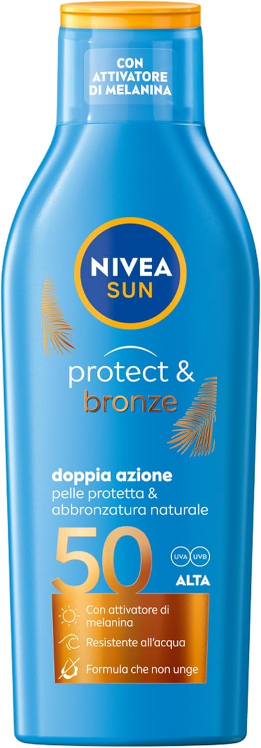 NIVEA SUN Latte Solare Protect & Bronze FP 50 200 ml, Crema solare 50 per un'abbronzatura dorata, intensa e uniforme, Protezione solare 50 con attivatore di melanina