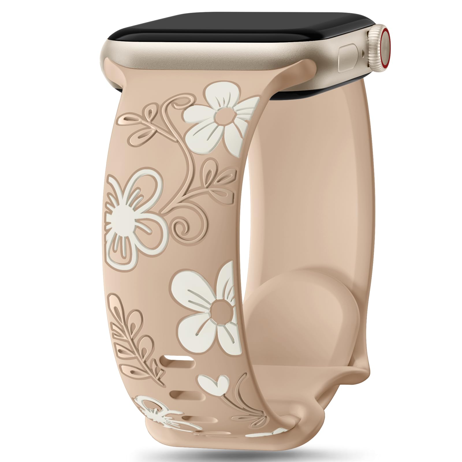 Witzon Floral Band Compatible with Apple Watch Bands For Women 40mm 41mm 38mm 42mm 44mm 45mm 46mm 49mm, Engraved Cute Flower Silicone Dressy Strap for