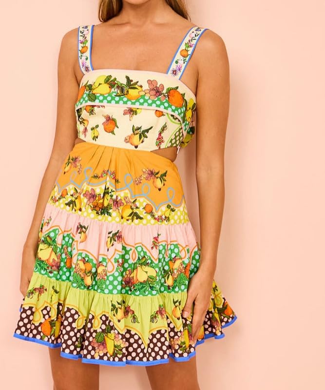 Image of ROAONOCOMO Women Boho Graffiti Cami Mini Dress Spaghetti Strap Printed A Line Short Dress Cute Colorful Sundress