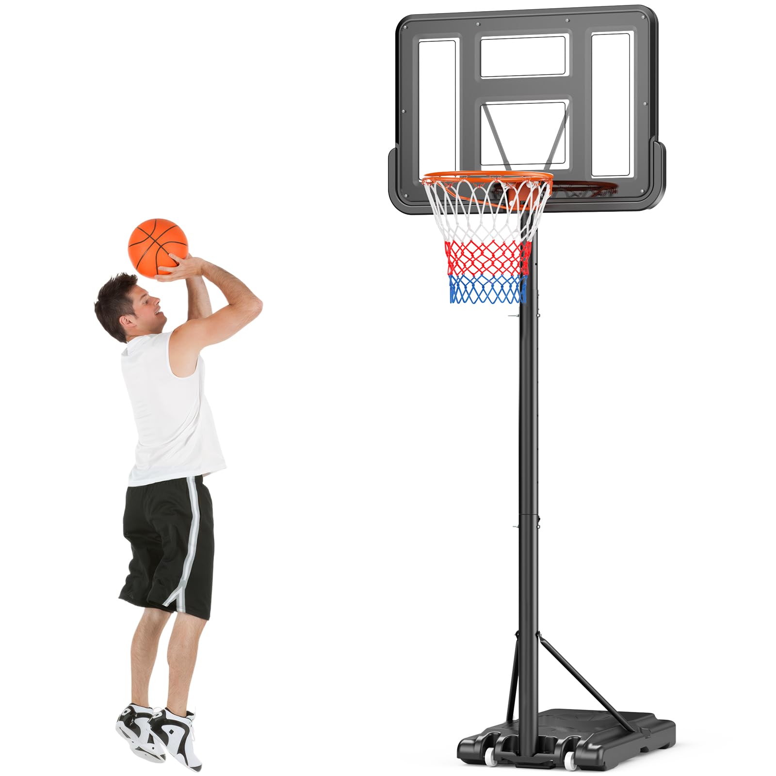 Basketballkorb, höhenverstellbarer 135–305 cm, Basketballständer mit Rädern, Dickes PVC-Backboard 71,5 × 110 cm, vergrößerte Basis, Kinder/Jugendliche/Erwachsene, innen/Garten/Hinterhof