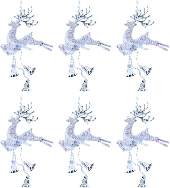 NUOBESTY Christmas Elk with Bells Hanging Ornaments, Glitter Jingle Bell Reindeer Pendant Xmas Tree Decorations Deer Miniatures for Christmas Home Office Party Gift Silver 6pcs