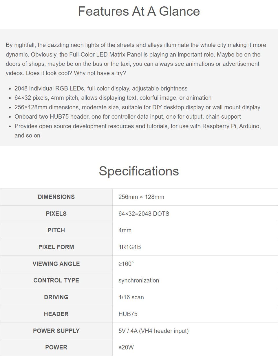 Waveshare RGB Full-Color LED Matrix Panel 4mm Pitch 64×32 Pixels 2048 Individual RGB LEDs Adjustable Brightness Compatible with Raspberry Pi