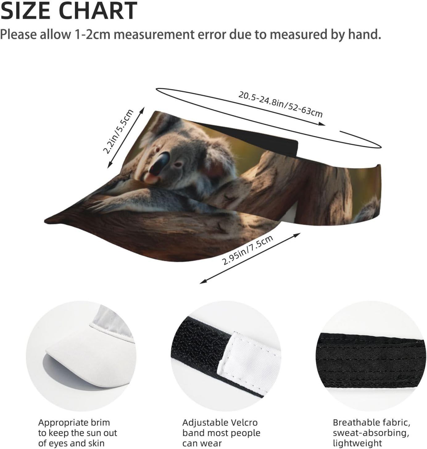 Koala Print Sports Sun Visor Hats Adjustable Running Golf Tennis Sun Cap for Women Men Black
