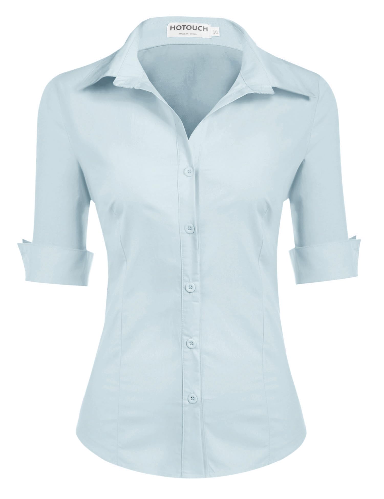 Hotouch Bluse Damen 3/4 Ärmel Slim Fit Hemd Sommer Hemdbluse Baumwolle Basic Shirt Business Blusen V-Ausschnitt Damenbluse Tops mit Knopleiste
