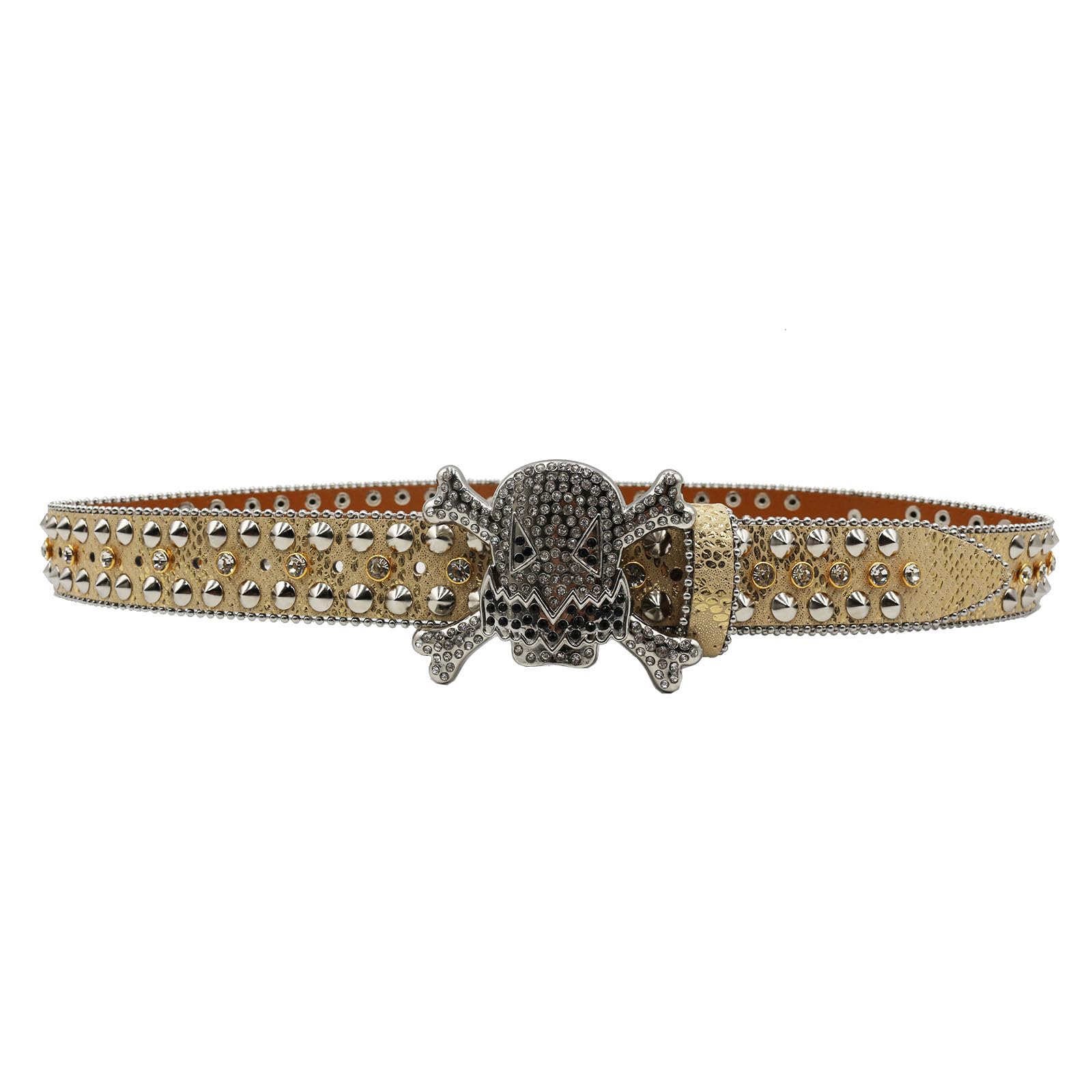 Cinturón con Calavera Cruzada Y Diamantes De Imitación para Mujer Moda De Vanguardia Cinturones De Cuero con Tachuelas Accesorio para Un Look Llamativo(125cm/49, Gold)