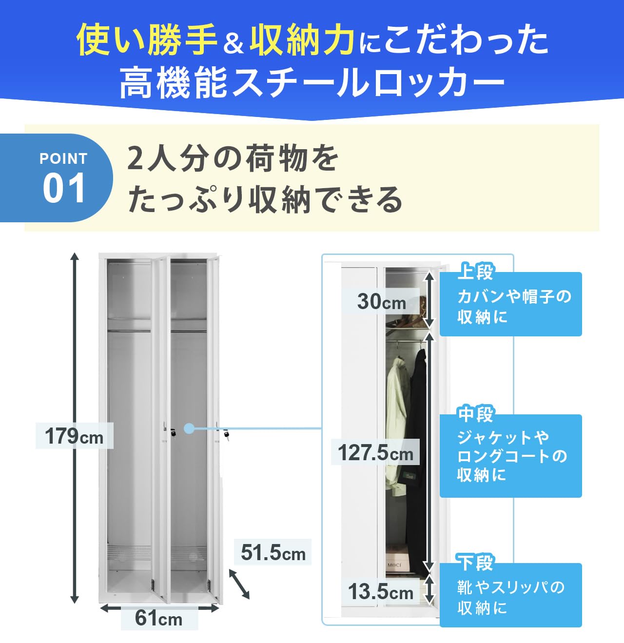 Amazon.co.jp: スチールロッカー 2人用 鍵付き シリンダー錠 更衣室 