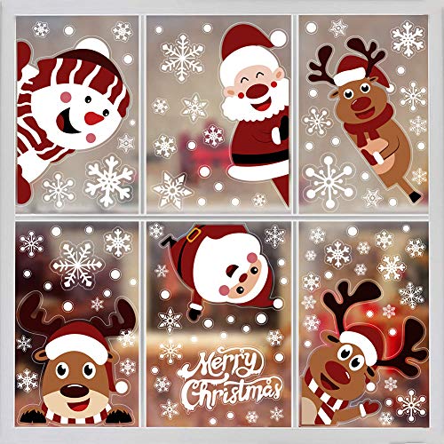 LOAVER 107PCS Christmas Window Clings,Xmas Snowflake Window Sticker Santa Claus Reindeer Decal for Home Decoration Party Supply