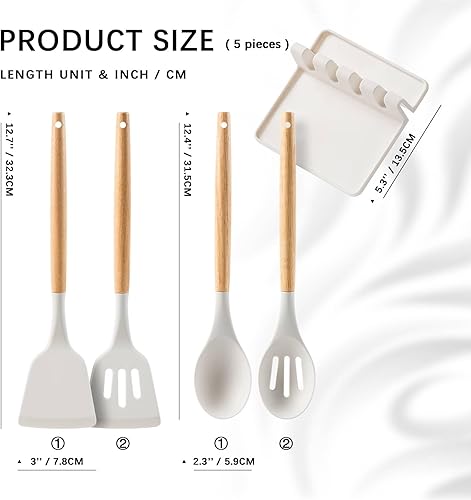 Miniatura 2 de Juego de utensilios de cocina de silicona con asas de madera, juego de espátulas de 4 piezas y soporte para cucharas, resistentes al calor,