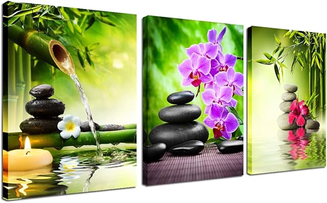 Zen Decor Canvas Wall Art - 3 Panel Green Bamboo Picture Framed Painting for Living Room Bedroom Kitchen Home Office Stones and Orchid Spa Poster Ready to Hang Canvas Print Still Life Modern Artwork