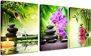 Zen Decor Canvas Wall Art - 3 Panel Green Bamboo Picture Framed Painting for Living Room Bedroom Kitchen Home Office Stone...