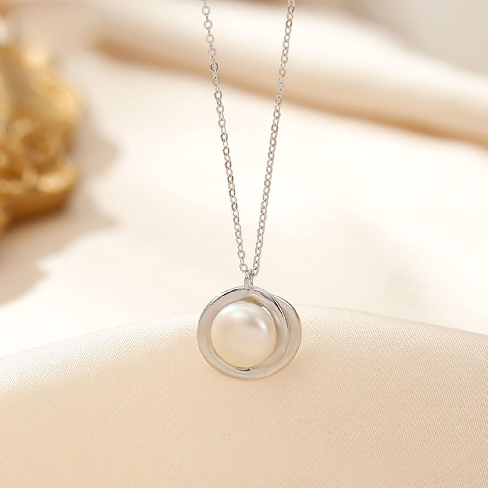 Collana Donna Oro Bianco 9K / 14K / 18K Catena, Perla 9MM, Collana Donna Argento