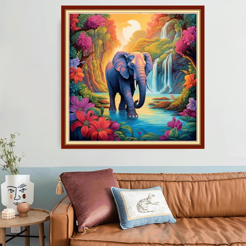 Image of Joyhoor Stamped Cross Stitch Kits for Beginners, Needlepoint Kits for Adults, 11CT Counted Embroidery Kits-Elephant Falls 18x18 inchs