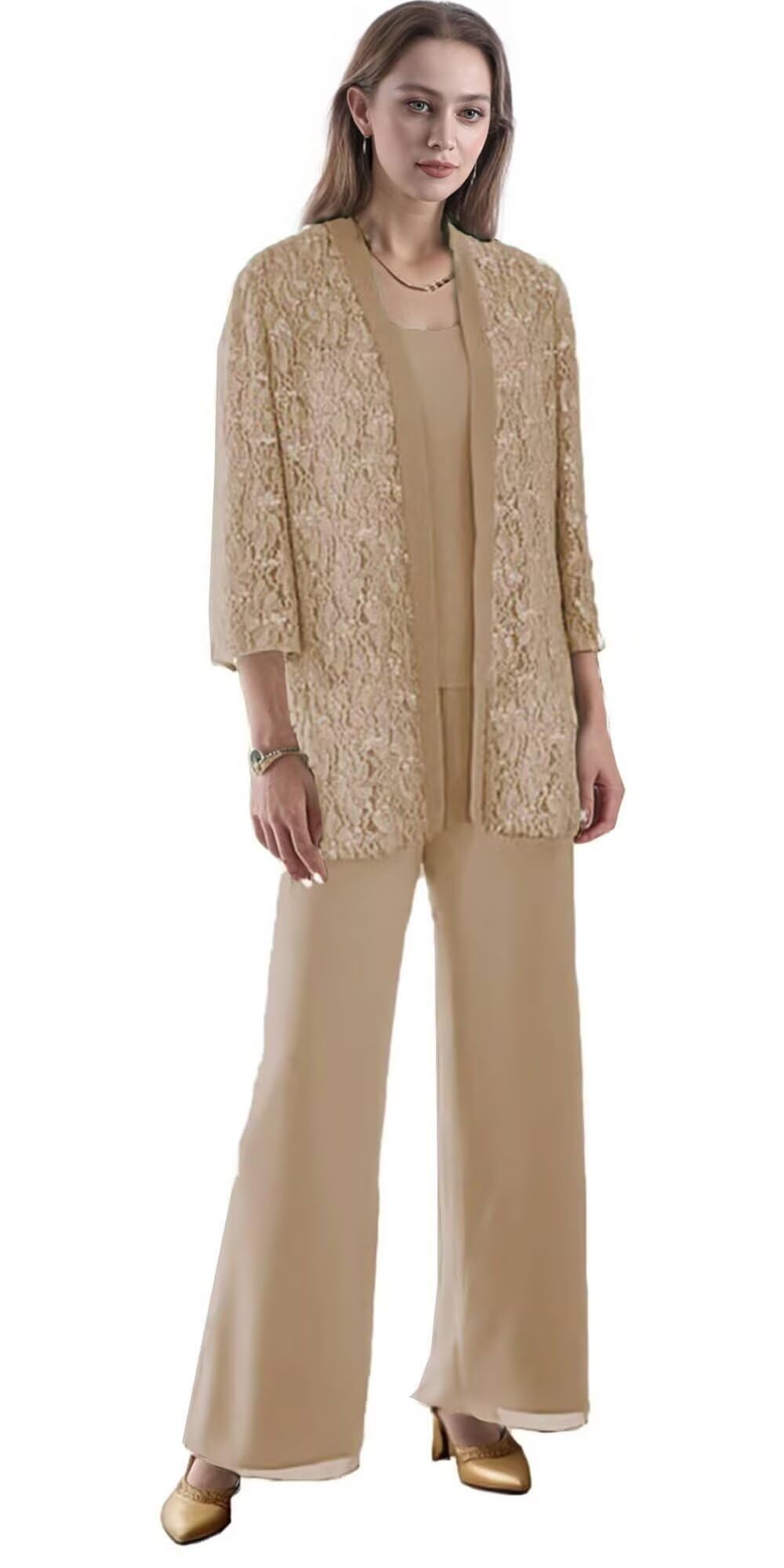 3 Pieces Mother of The Bride Pant Suits with Chiffon Lace Jacket Formal Wedding Evening Dresses for Women