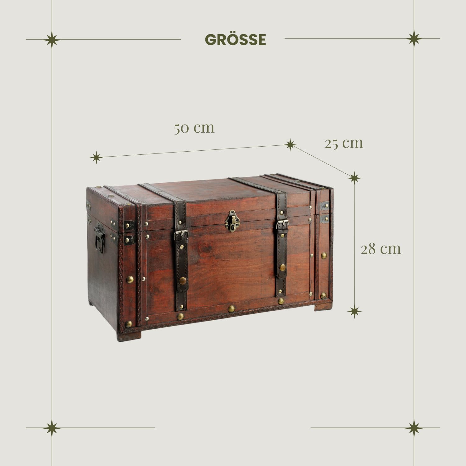 Brynnberg Schatztruhe groß mit Schloss 50x25x28cm Koffertruhe Holztruhe Schatzkiste Vintage-Look Piraten Schatzsuche Holz massiv braun Kolonialstil Schatulle Bauernkasse Holz Piratentruhe Geldtruhe