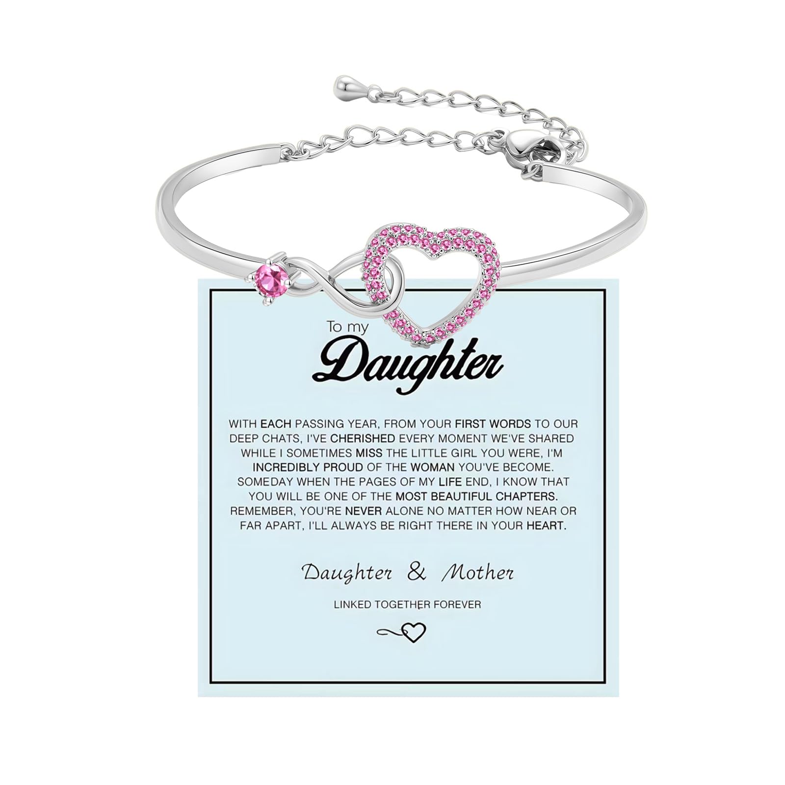 To My Daughter Forever Connected Bracelet, Infinity Forever Love Heart Bracelets You Are Always In Mine From Mom Cubic Zirconia Adjustable Inspirational Gift Jewelry