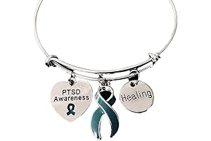 PTSD Awareness Teal Ribbon Charm Bangle: Healing Jewelry for Awareness and Support