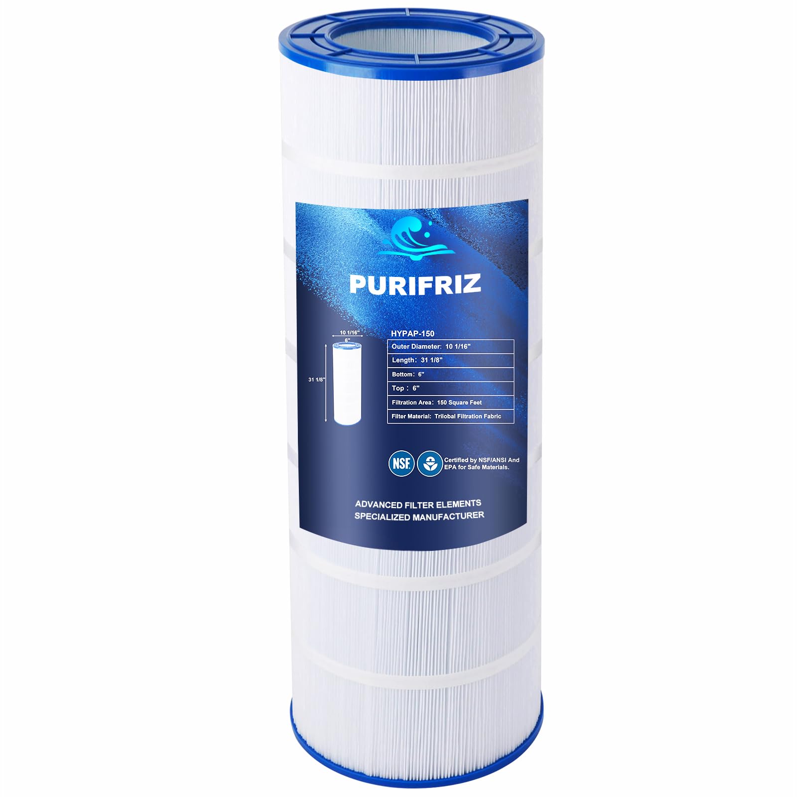 PURIFRIZ CC150 Pool Filter Compatible with CC150, CCRP150, PAP150, Unicel C-9415, R173216, 59054300, Ultral-C4, FC-0687, 160317, Upgraded Fabric 150 Sq. Ft, L x OD: 31 1/8