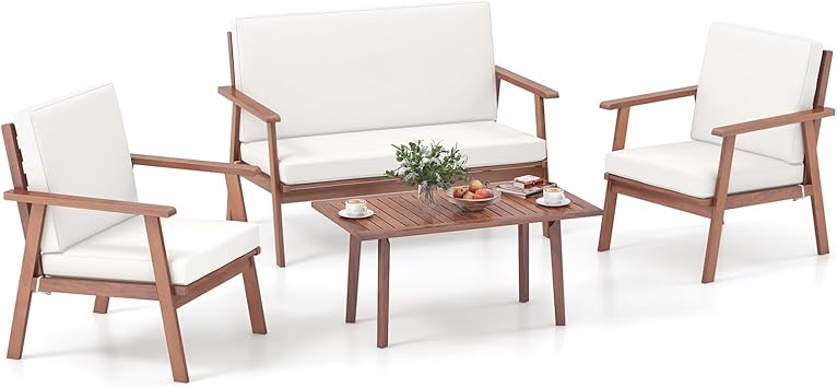 Tangkula 4 Piece Outdoor Conversation Set, Acacia Wood Sofa Set with Soft Seat & Back Cushions, Rectangle Coffee Table Patio Wood Furniture Set for Backyard, Poolside, Garden (1, Off White)