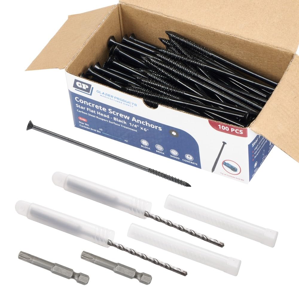 1/4" x 6" Concrete Screws, Black Flat Head Countersunk Star Drive, 100 Pack w/ 2 Drill Bits, 1 Star Driver Bit & 1 Hex Driver Bit Included - Heavy Duty Masonry Anchor Screws for Concrete, Brick, Block Black 1/4" x 6"