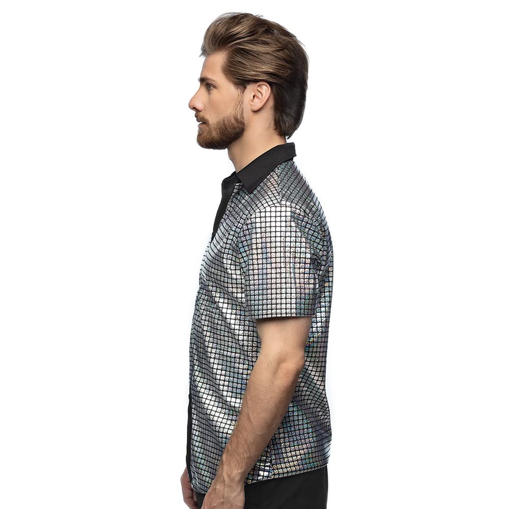 Boland - Disco Shirt, Silver, Disco Diamond Shirt, koszula męska z krótkim rękawem, koszula męska, top, koszula imprezowa na karnawał lub bal przebierańców