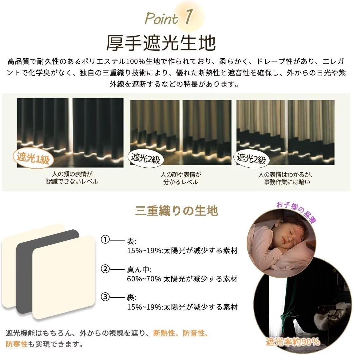 KAMIMORI カーテン 遮光 4枚セット 遮光カーテン 90cm丈 100cm幅 小窓 断熱 保温 省エネ ドレープカーテン+レ