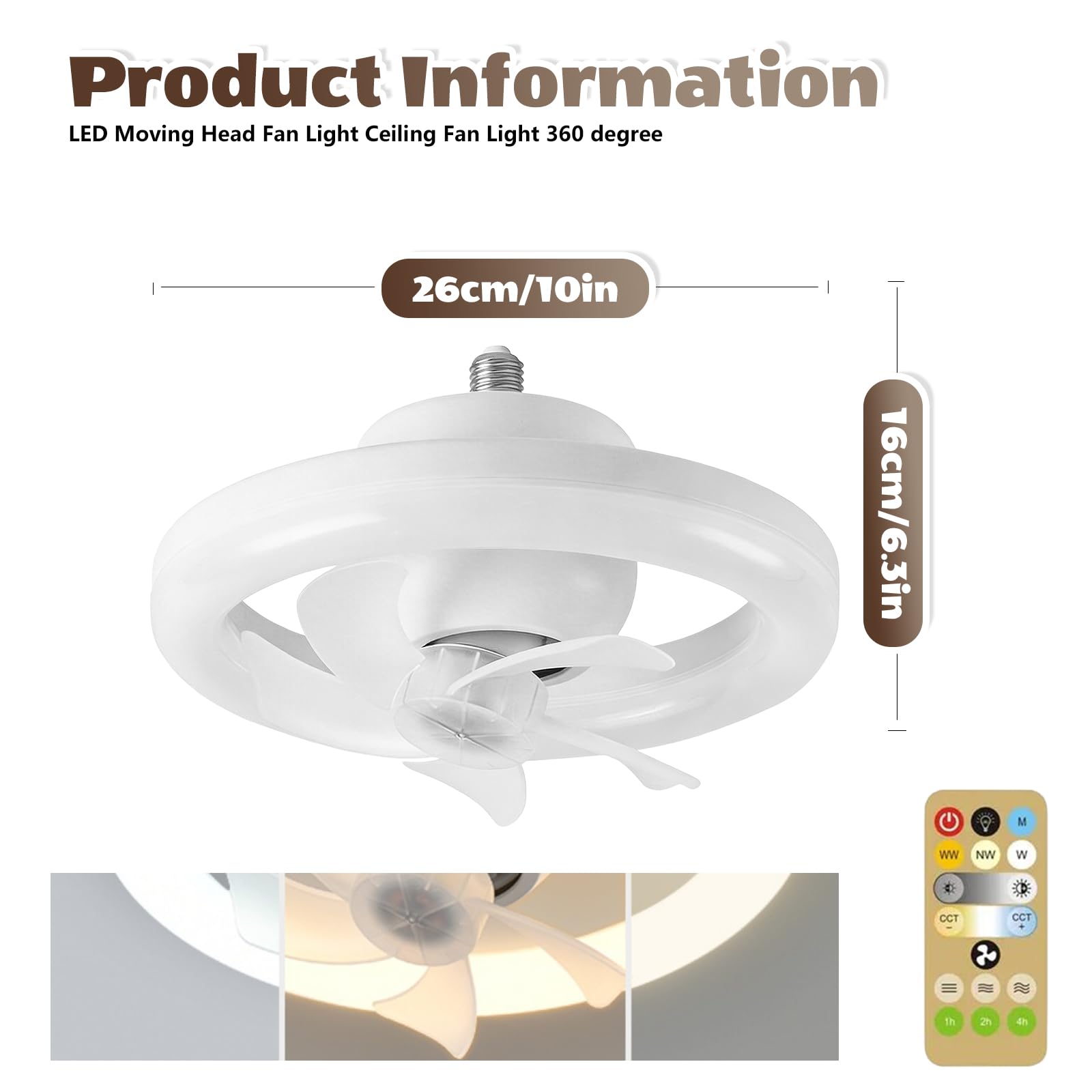 GOMETY Wentylator sufitowy z oświetleniem, lampa RGB z wentylatorem, 3 stopnie nawiewu, mała lampa sufitowa z wentylatorem, obracany o 360°, E27, możliwość ściemniania, z pilotem zdalnego sterowania