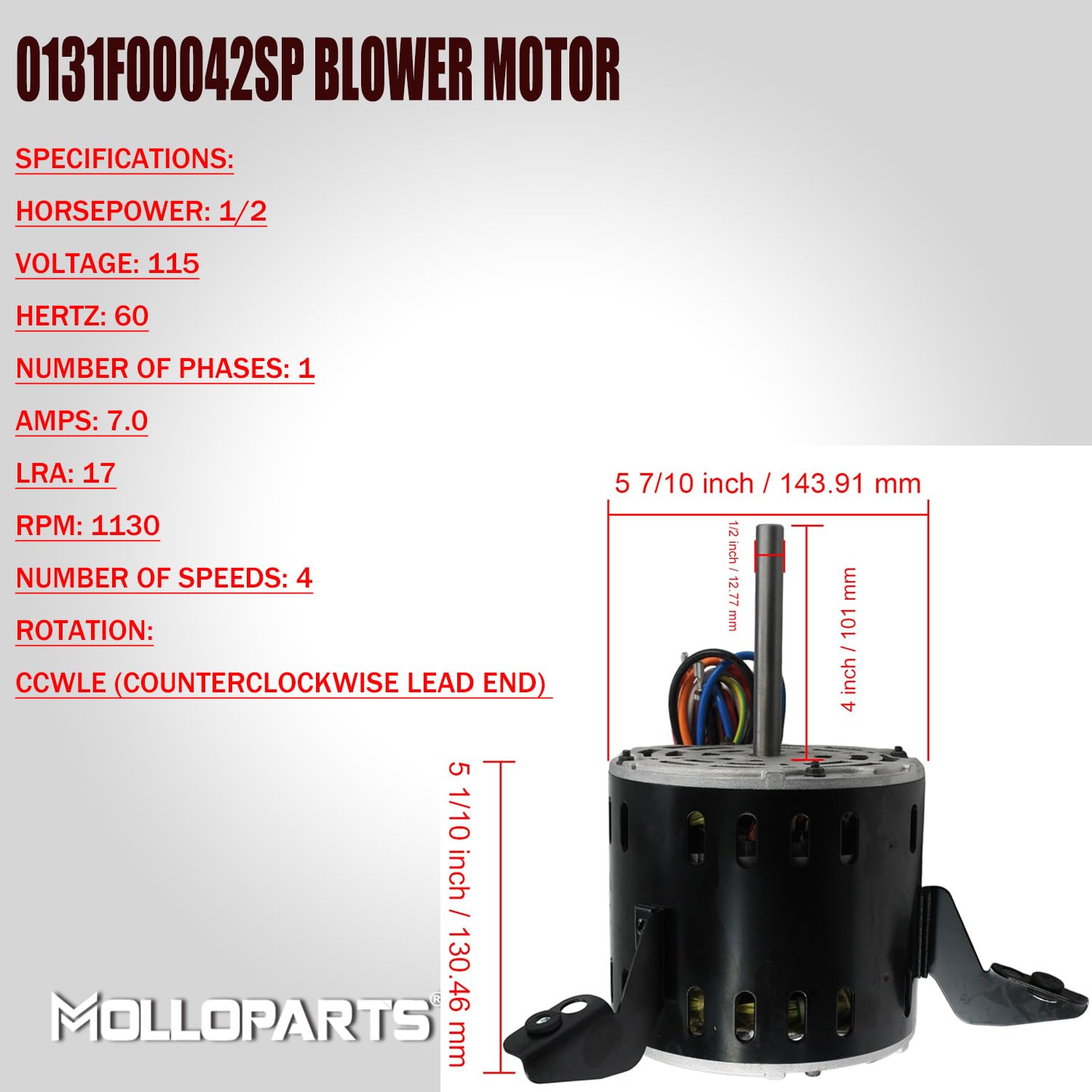 0131F00042SP Blower Motor, 1/2HP 115V 1130RPM 0131F00042SP Compatible with Goodman Amana Janitrol Furnace AMH80704BN Replace 0131F00042 B13400-24S 0131F00022SP Y7L623E203T