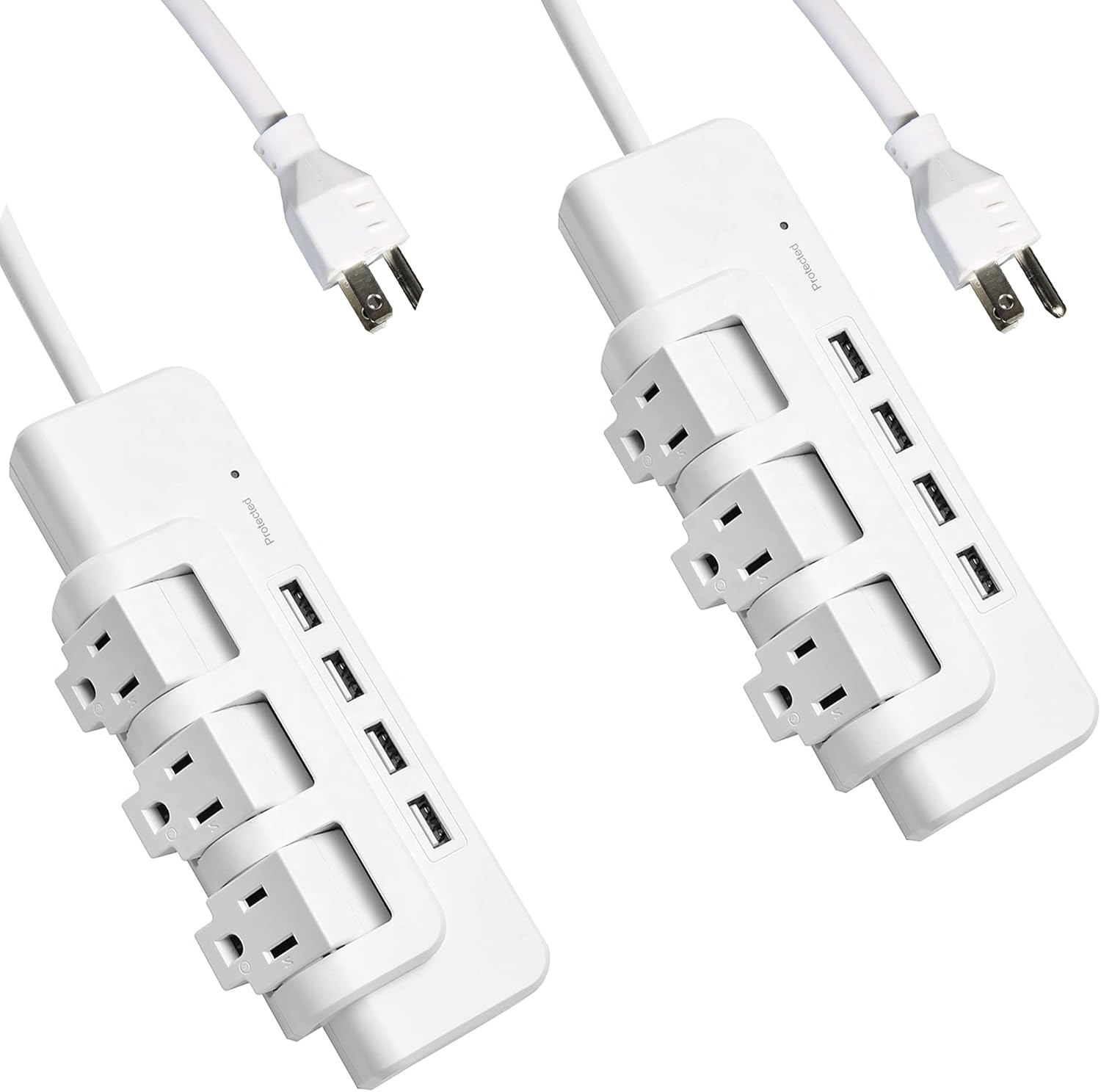 2 Pack Power Strip Surge Protector with Rotating Outlets 6 ft Long Extension Cord Mountable Swivel Power 3 AC Outlets+4 USB Ports, 1020J 15A 1875W,for Home, Office, Room