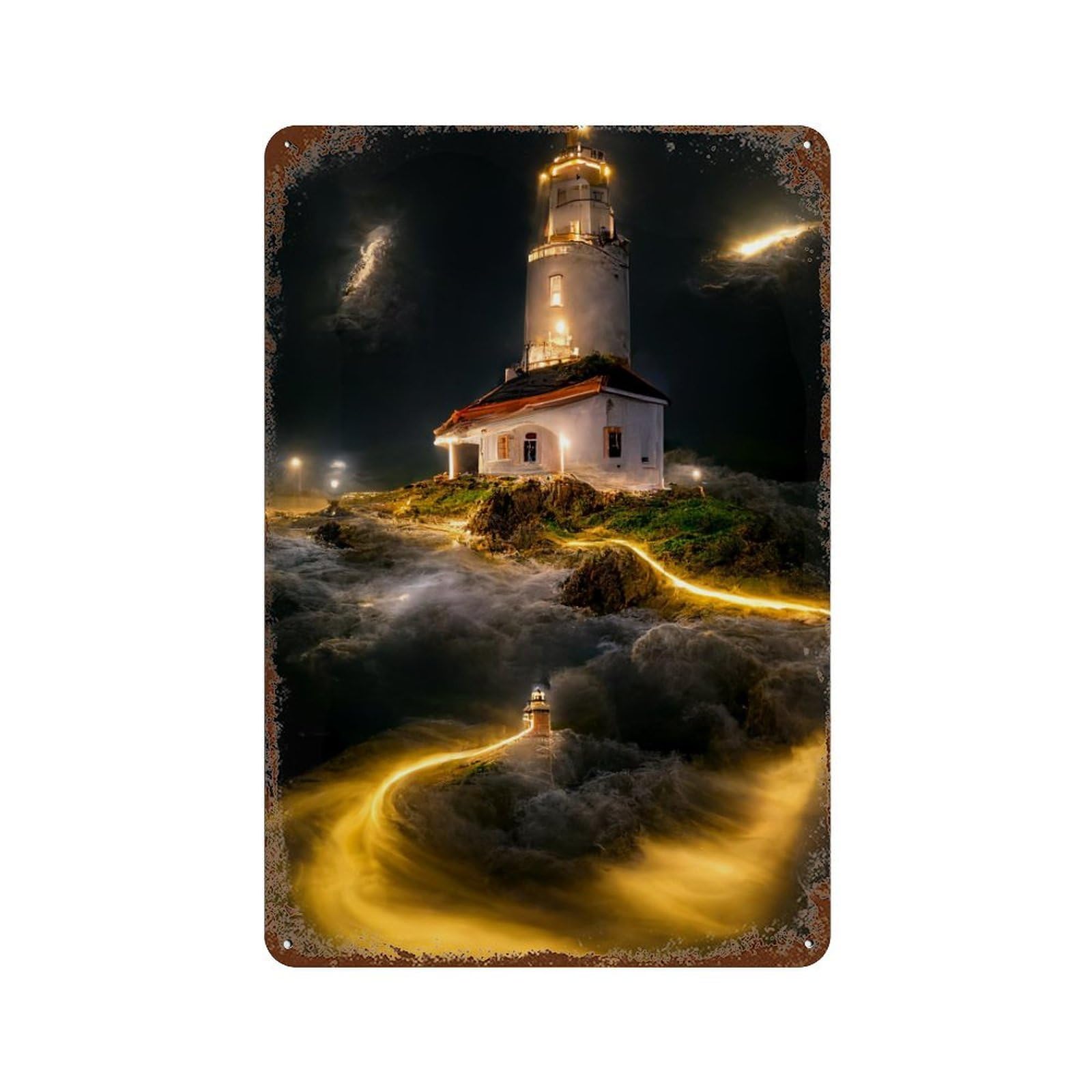 Night Lighthouse with Waves Retro Metal Sign 11.8"x7.9", Decorative Metal Wall Art for Garage, Bar And Workshop Decor