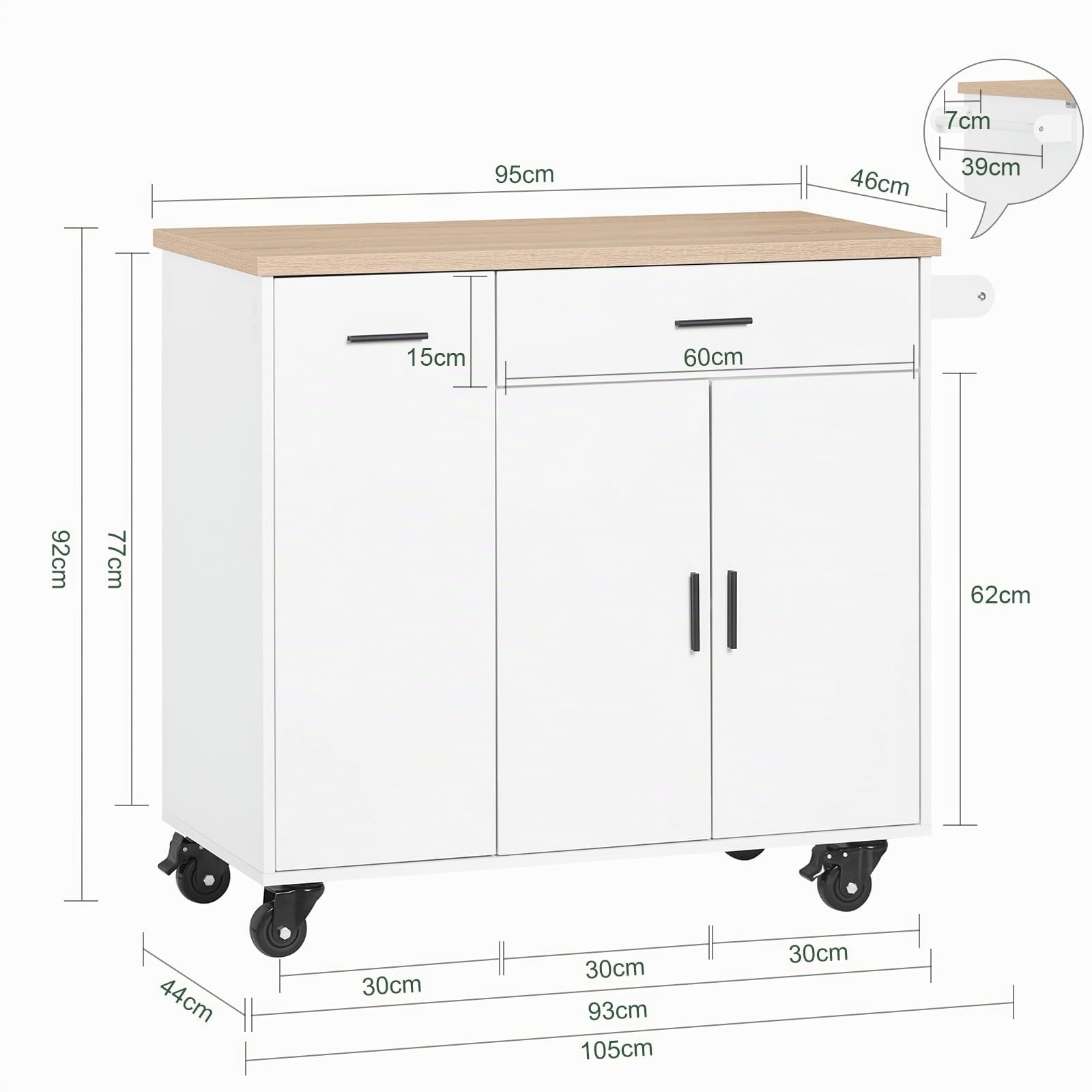 SoBuy Carrito de Cocina con 2 Ruedas con Freno y 3 especieros, 105x92x46 cm | Isla de Cocina con encimera, cajón y toallero, carga de 90 kg, MDF/PB, para cocina y comedor, FKW126-WN