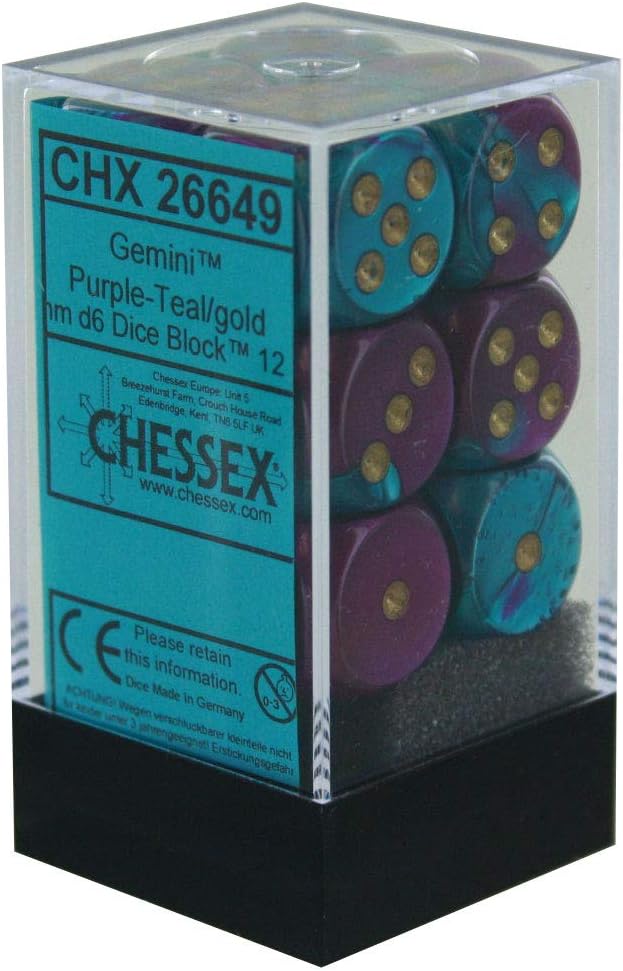 DND Dice Set-Chessex D&D Dice-12mm Gemini Purple and Teal with Gold Plastic Polyhedral Dice Set-Dungeons and Dragons Dice Includes 12 Dice - D6, Various (CHX26649)