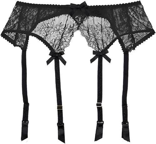 Women Sheer Flower Lace High Waist Garter Belt with 4