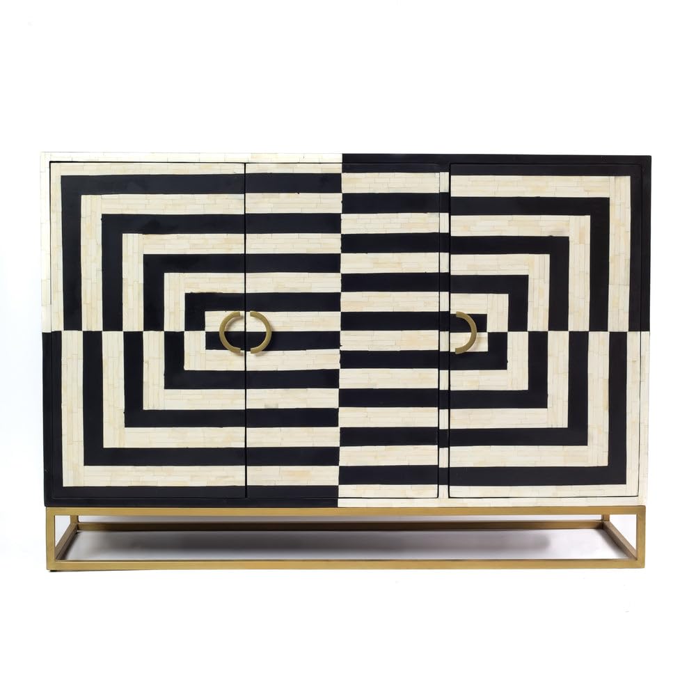 Luxury Bone Inlay Cabinet Black & White | Handmade Geometric Sideboard with Brass Base | Modern Storage Furniture for Living Room, Dining Room & Hallway-image-11