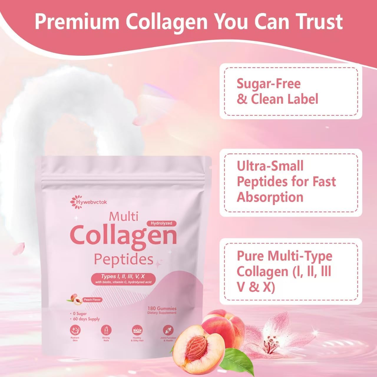 180 Count Marine Collagen Gummies for Women Men Sugar Free, Hydrolyzed Collagen Peptides Type I,II,III,V,X w/ 5000 Mcg Biotin,Hyaluronic Acid, Vitamin C A D E B6 B12 for Skin Hair Nails Bone Health - Image 7