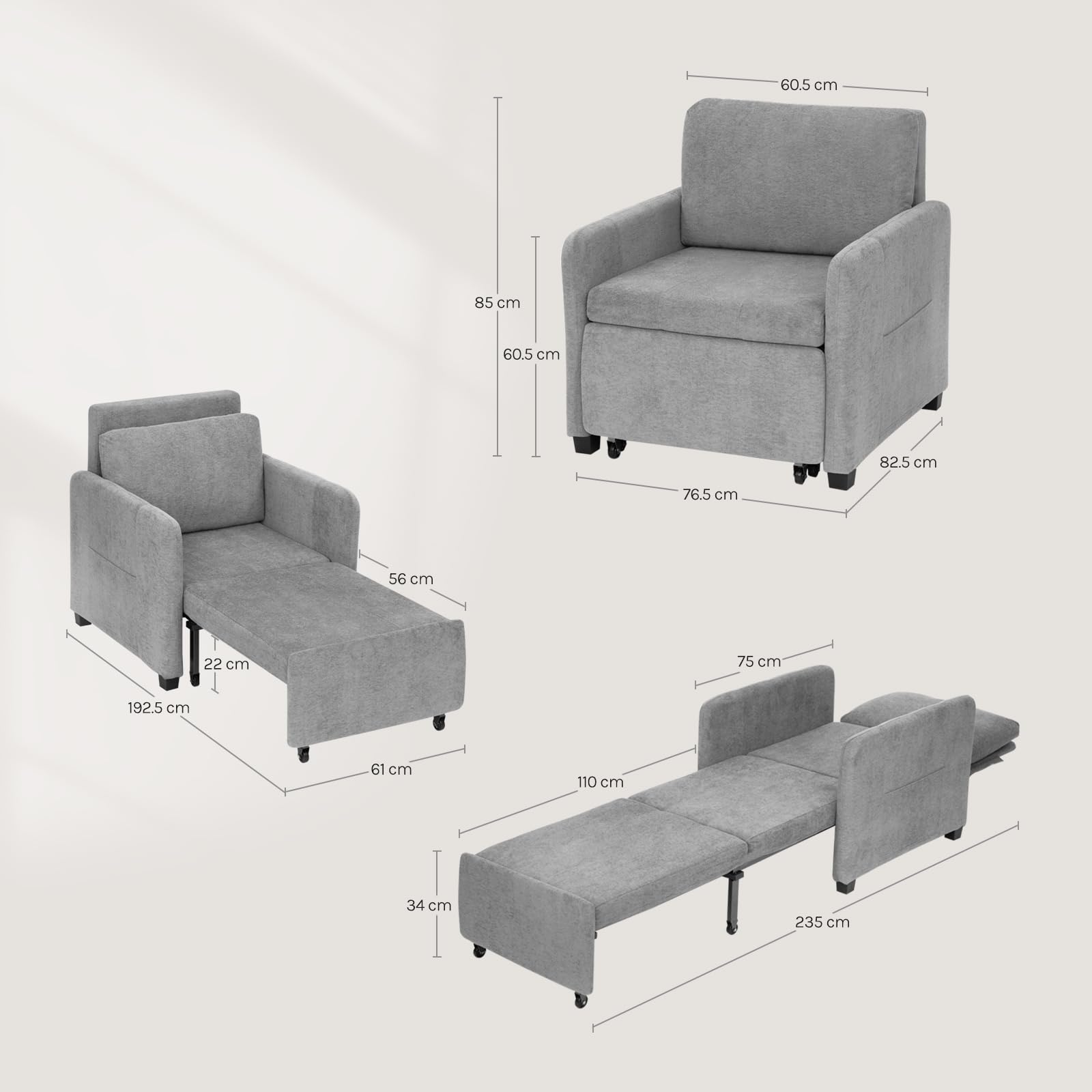 WOLTU 3-in-1 Divano Letto, Poltrona Letto Trasformabile, Grigio Chiaro | con Reclinazione a 5 Posizioni, Divano Singolo Pieghevole per Piccoli Spazi, Chaise Lounge, Tessuto in Spugna Traspirante