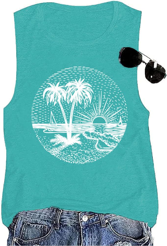 Calvin&SallySummer Beach Tank Tops for Women Funny Cute Sunshine Coconut Tree Graphic Tee Shirt Hawaiian Family Vacation Tops