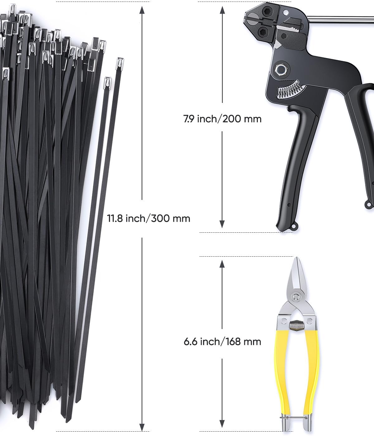 Metal Zip Ties Black,With Special Fastening And Cutting Tools,150 Pcs 11.8 Inch,Multi-Purpose Stainless Steel Cable Ties, Suitable For Agricultural Fencing, Garden Chain Link Fence Fixing, Pipe Tying.